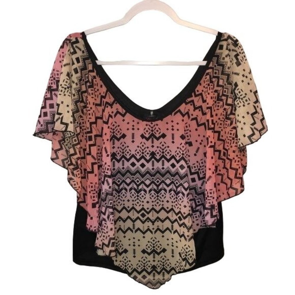 Silhouette NYC‎ Women Ombre Geometric Flutter Sleeve Scoop Neck Blouse Size 1X